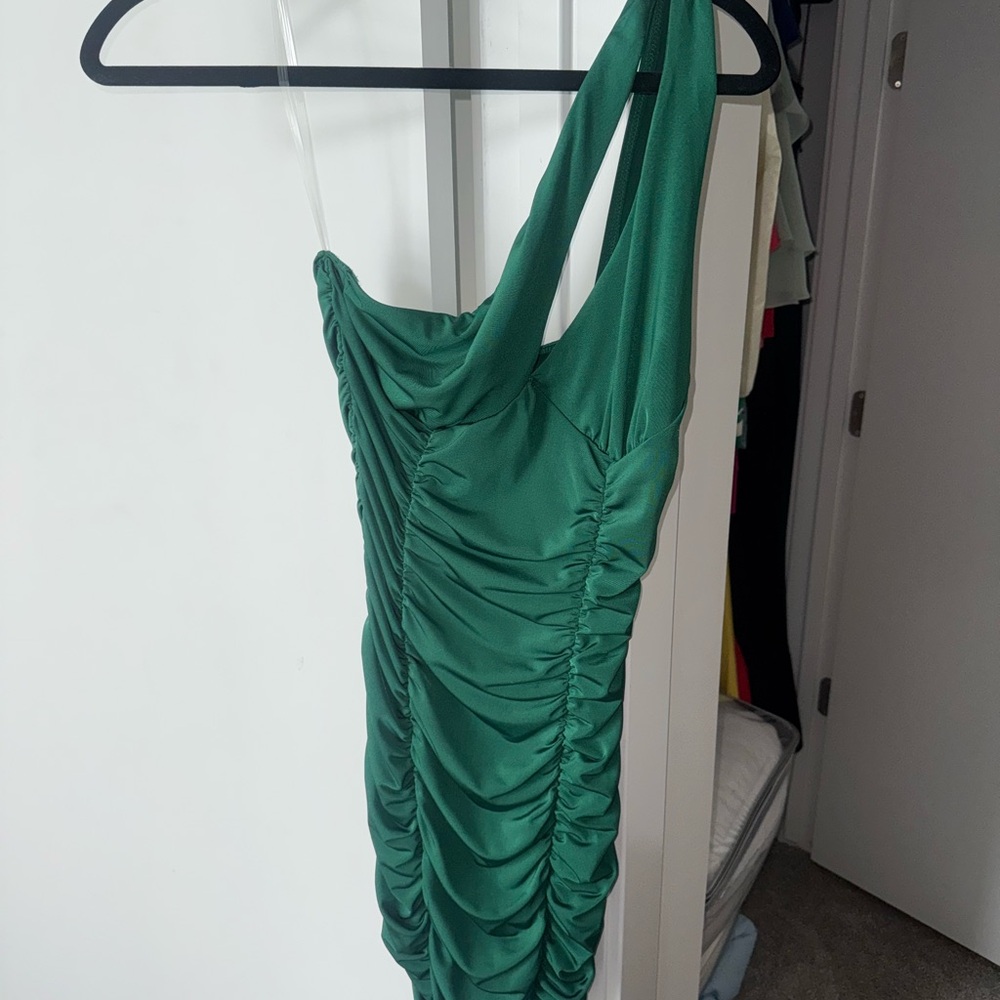 Green One Shoulder Ruched Dress